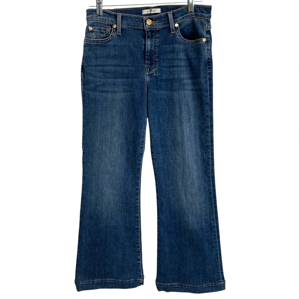 7 For All Mankind Dark Blue Flare Jeans with Contrast Pocket Detail - Picture 3 of 16